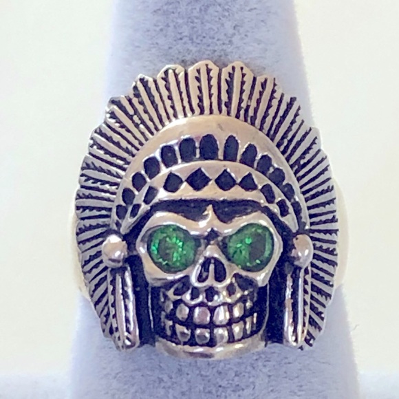 925 silver biker chief skull ring green cz eyes